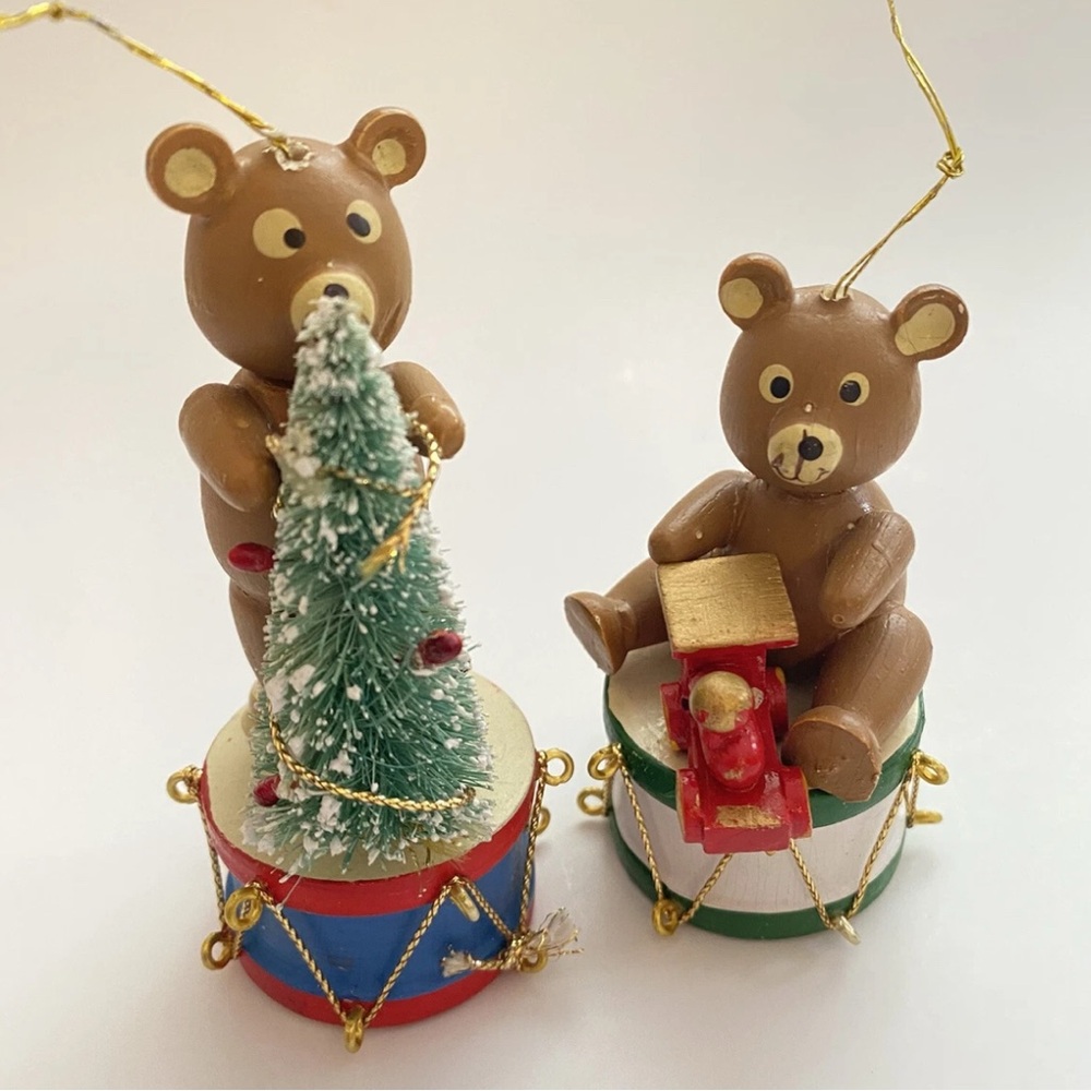 VTG Christmas Ornament Bear On A Drum Set Of 2